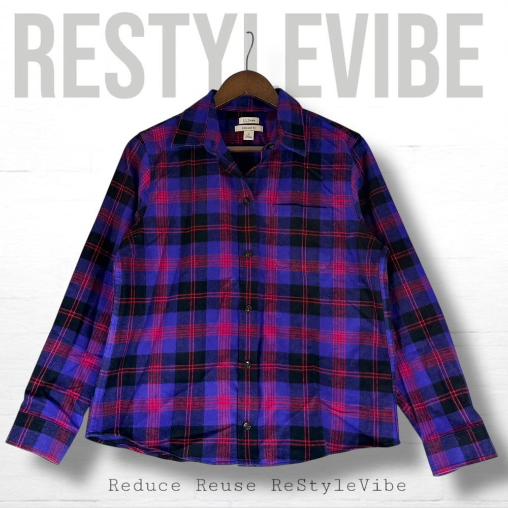 LL BEAN Women’s Size SP Top Shirt Button Down Flannel Plaid Relaxed Fit Petite